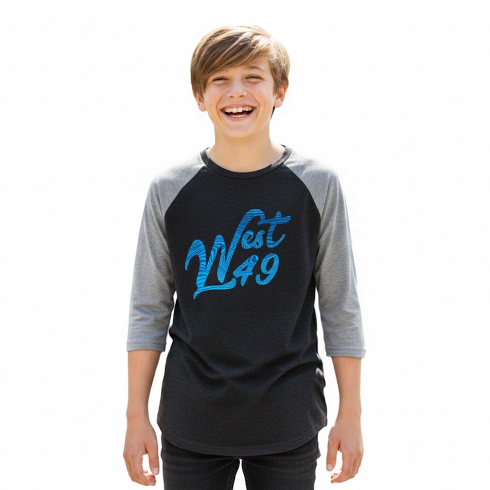 West 49 Youth Boy XL 3/4 Length Sleeve Grey White Blue Shirt Top